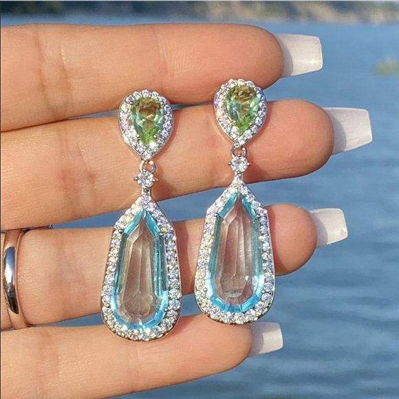 Luxury Long Dangle Tear Water Drop Earrings Big Gem Halo - Picture 1 of 16